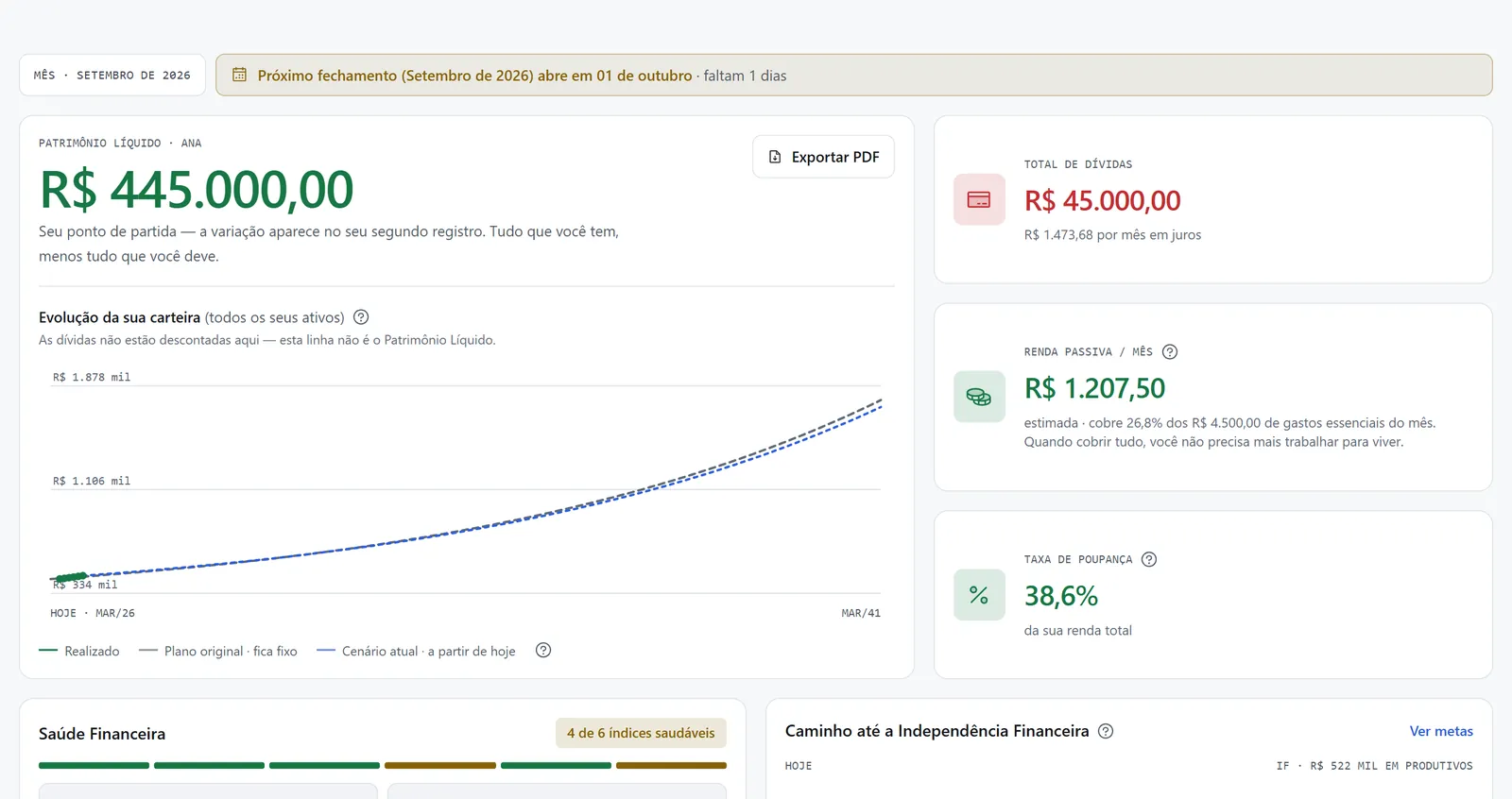 O Painel no computador, com os números da conta de demonstração.